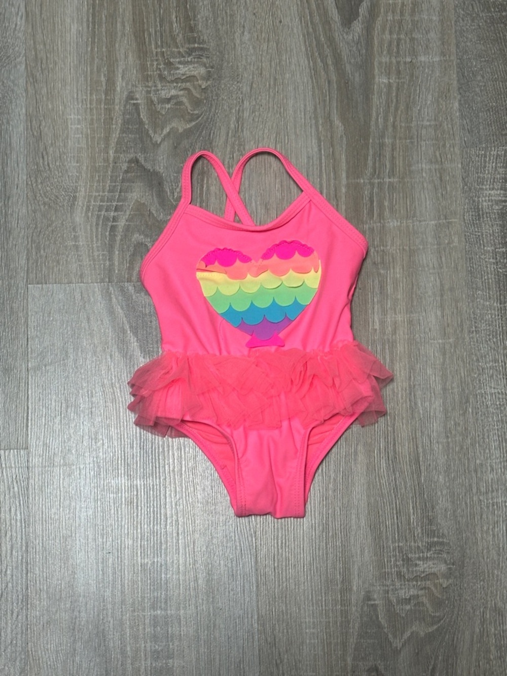 Bright Pink One-Piece Swimsuit with Rainbow Heart and Tutu